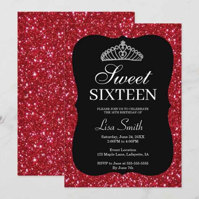 Elegant Chic Red Glitzer Tiara Sweet 16 Einladung (Vorne/Hinten)