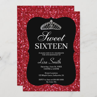 Elegant Chic Red Glitzer Tiara Sweet 16 Einladung