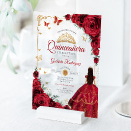 Elegant Chic Red Roses Gold Quinceanera Acryleinladungen
