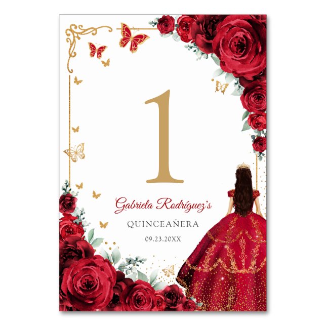 Elegant Chic Red Roses Gold Quinceanera Tischnummer (Vorderseite)