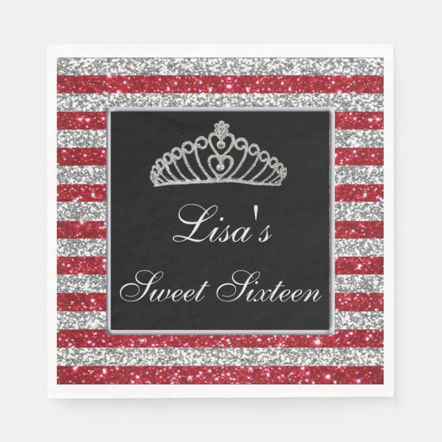 Elegant Chic Red Silver Glitzer Tiara Sweet 16 Serviette (Vorderseite)