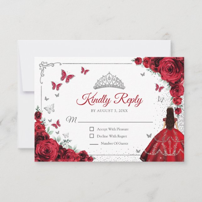 Elegant Chic Red Silver Quinceanera Reply RSVP Karte (Vorderseite)