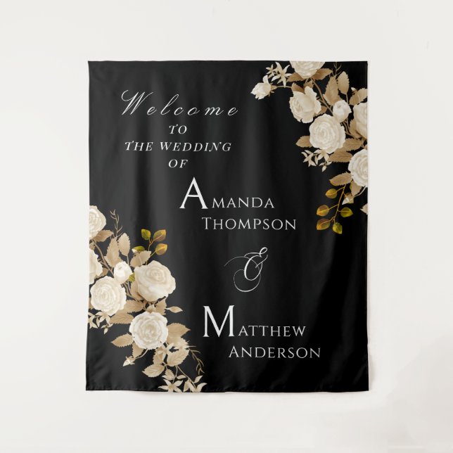Elegant Chic Rose Monogram Black Wandteppich (Vorderseite)