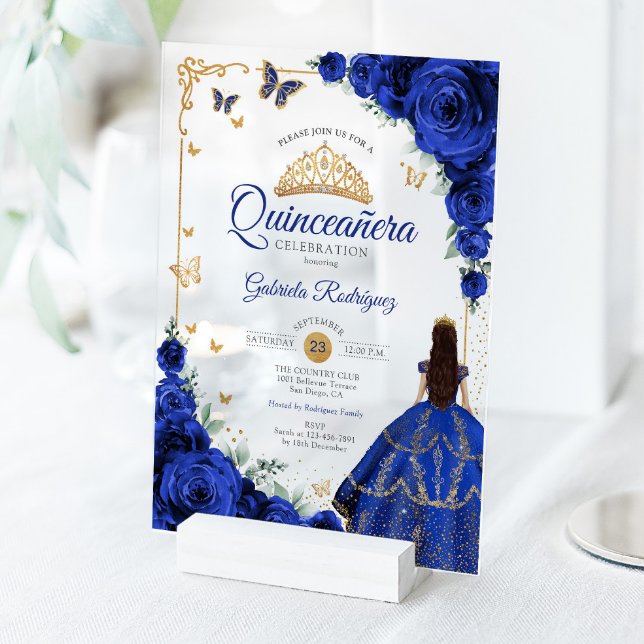 Elegant Chic Royal Blue Roses Gold Quinceanera  Acryleinladungen (Von Creator hochgeladen)