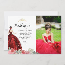 Elegant Chic Ruby Red Floral Geometric Quinceañera Dankeskarte