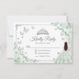 Elegant Chic Sage Green Silver Quinceanera Reply RSVP Karte