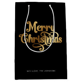 Elegant Chic Script Black Gold Frohe Weihnachten Mittlere Geschenktüte