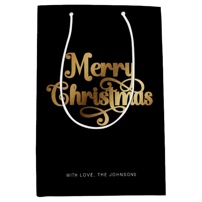 Elegant Chic Script Black Gold Frohe Weihnachten Mittlere Geschenktüte (Vorderseite)