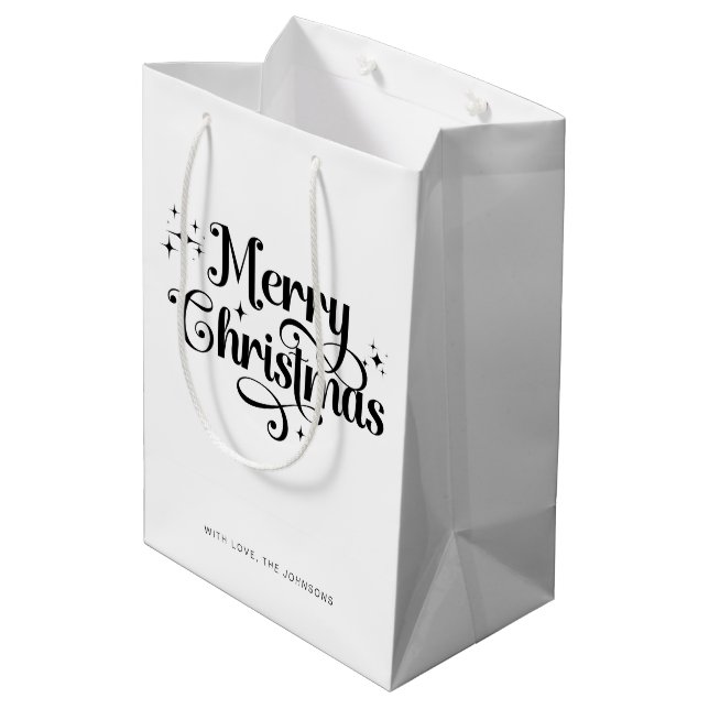 Elegant Chic Script Black & White Frohe Weihnachte Mittlere Geschenktüte (Rückseite Schrägansicht)