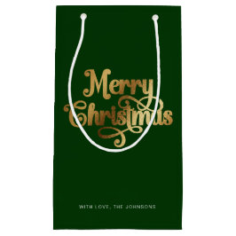 Elegant Chic Script Green Gold Frohe Weihnachten Kleine Geschenktüte