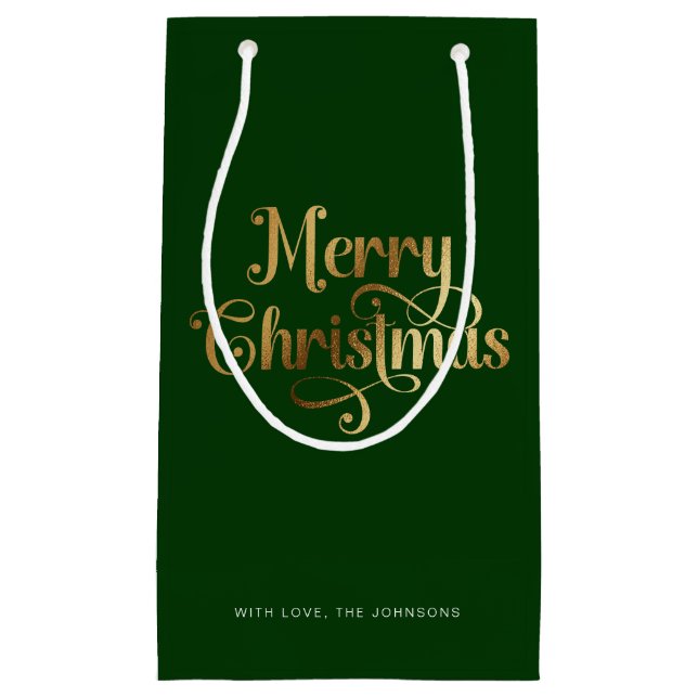 Elegant Chic Script Green Gold Frohe Weihnachten Kleine Geschenktüte (Vorderseite)