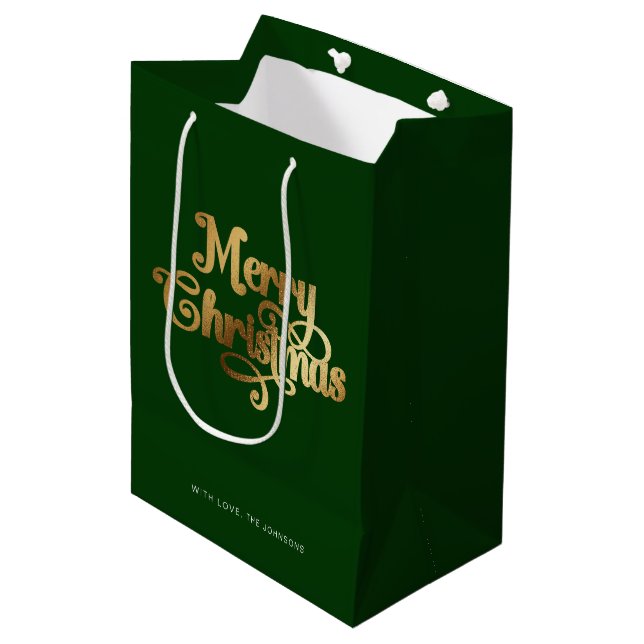 Elegant Chic Script Green Gold Frohe Weihnachten Mittlere Geschenktüte (Vorderseite Schrägansicht)
