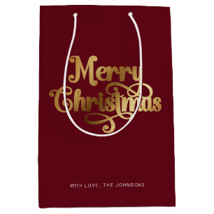 Elegant Chic Script Red Gold Frohe Weihnachten Mittlere Geschenktüte