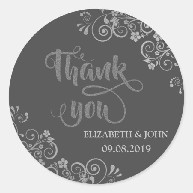 Elegant Chic Silver Blume Hochzeitsticker Runder Aufkleber (Vorderseite)