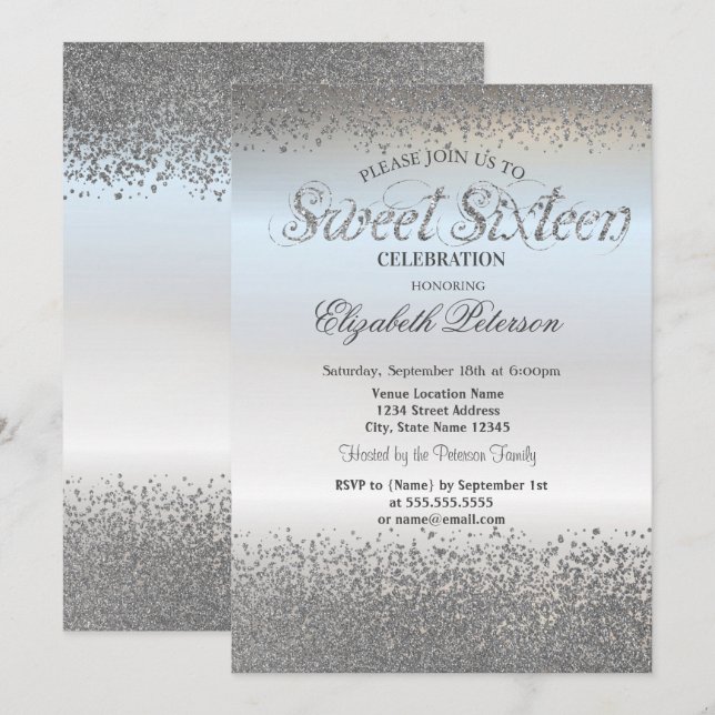 Elegant Chic Silver Diamonds Confetti Sweet 16 Einladung (Vorne/Hinten)