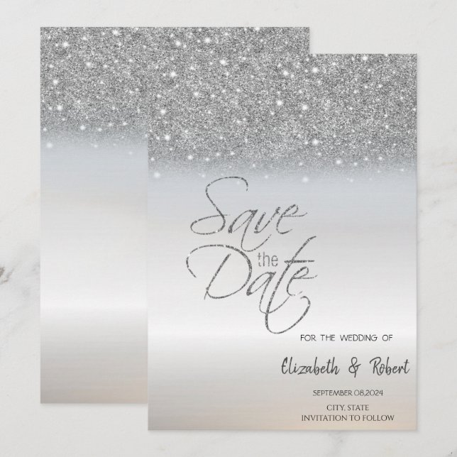 Elegant Chic Silver Glitzer Bokeh Save the Date (Vorne/Hinten)