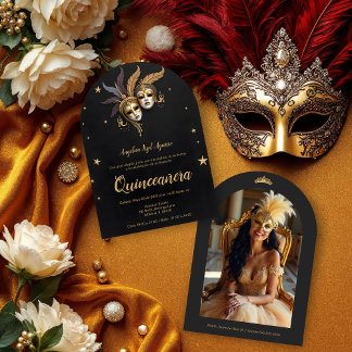 Elegant Chic Venetian Mask Quinceañera Party Einladung