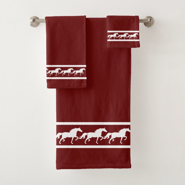 Elegant, Chic White Horses on Maroon Badhandtuch Set (Insitu)