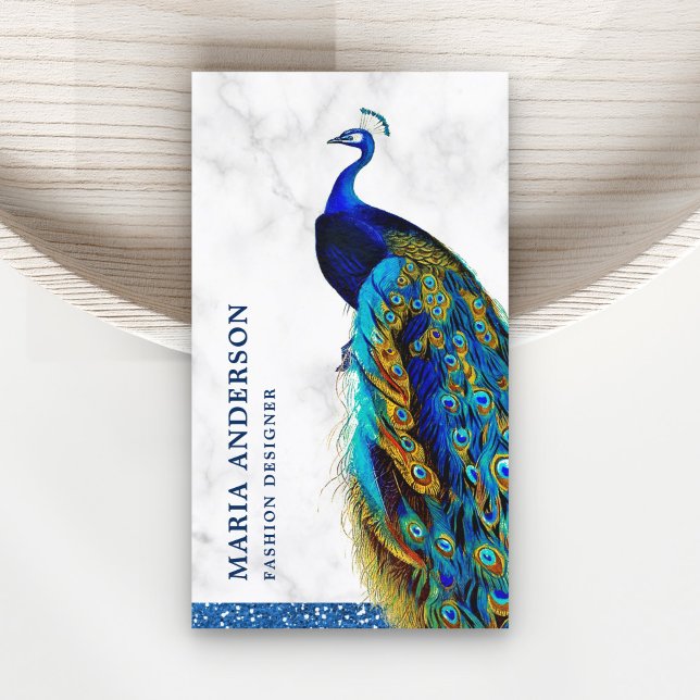 Elegant Chic White Marble Blue Indian Peacock Visitenkarte (Von Creator hochgeladen)