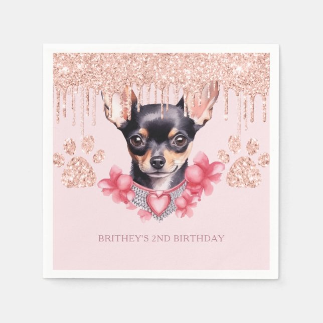 Elegant Chihuahua mit Glitzer Birthday Party Serviette (Vorderseite)