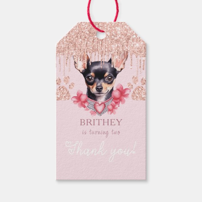 Elegant Chihuahua mit Glitzer Geburtstag Geschenkanhänger (Vorderseite)