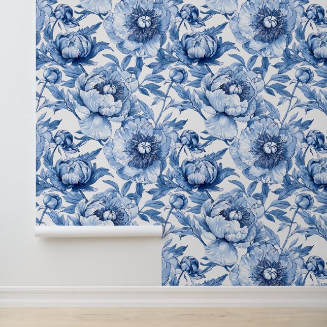 Elegant  Chinoiserie Blue and White Floral Pattern Tapete (Anwendung)