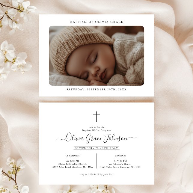 Elegant Christening Script Baby Foto Baptisse Einladung (Von Creator hochgeladen)