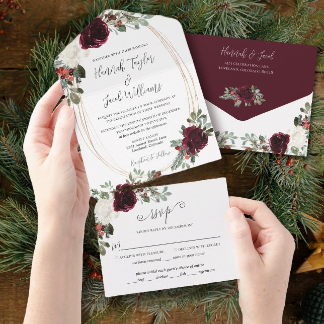 Elegant Christmas Burgundy Winter Wedding All In One Einladung (Von Creator hochgeladen)