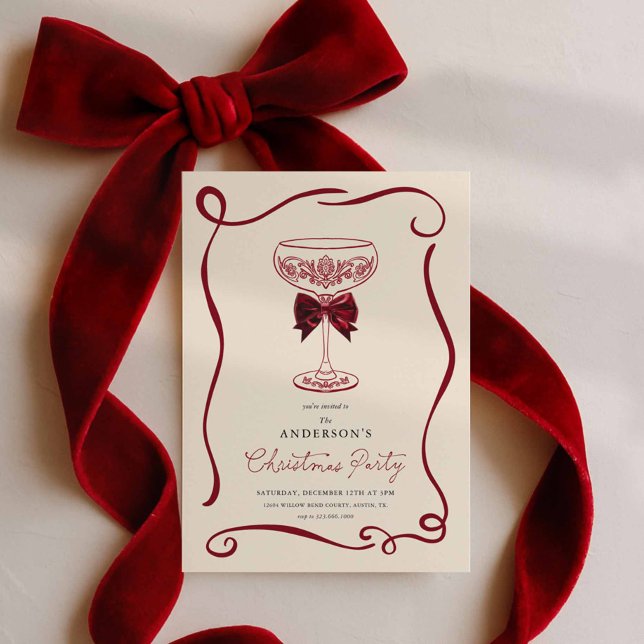 Elegant Christmas Cocktail Party Invitation Einladung (Red bow Christmas Party Invitation)