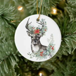Elegant Christmas Deer Poinsettia Keramik Ornament