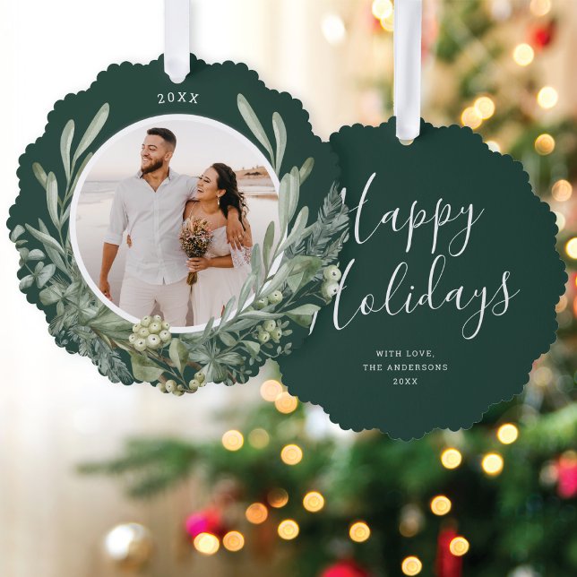 Elegant Christmas Greenery Botanical Photo Holiday Ornament Karte (Von Creator hochgeladen)