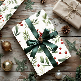 Elegant Christmas Greenery & Red Berries Holiday Geschenkpapier