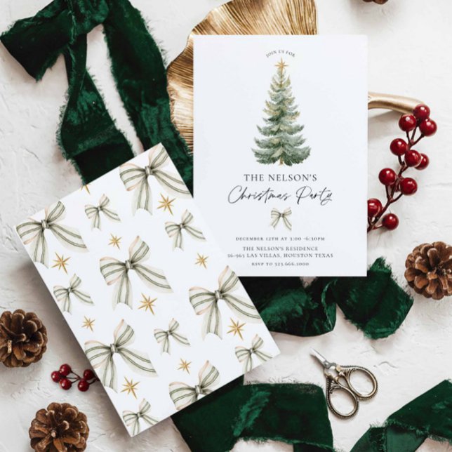 Elegant Christmas Holiday Party Invitation Einladung (Classic Christmas Holiday Party Invitation - featuring Christmas tree and green bows)