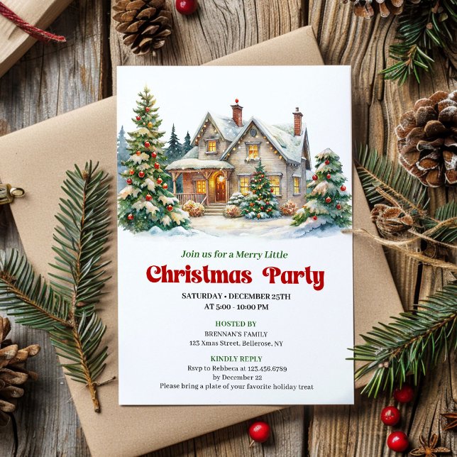 Elegant Christmas House Watercolor Holiday Invite Einladung (Elegant Christmas House Watercolor Holiday Invite)