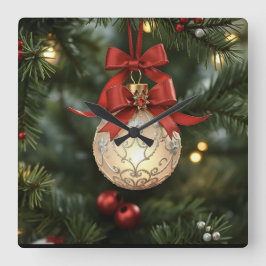 Elegant Christmas Ornament Collection with Red Bow Quadratische Wanduhr