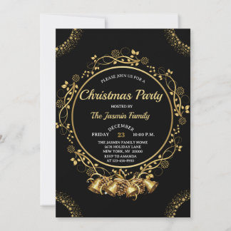 Elegant CHRISTMAS PARTY Black and Gold bells Einladung