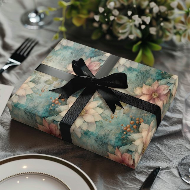 Elegant Christmas Peach and Sage Green Floral  Geschenkpapier Set (Von Creator hochgeladen)