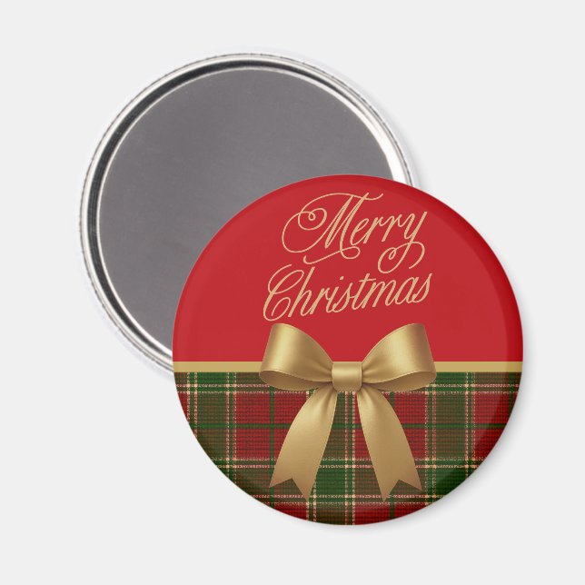 Elegant Christmas Plaid Magnet with Gold Bow (Vorderseite/Rückseite)