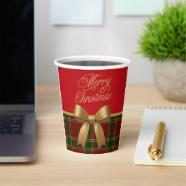 Elegant Christmas Plaid Paper Cup with Gold Bow Pappbecher