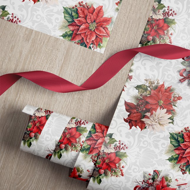 Elegant Christmas Poinsettias and Damask Geschenkpapier (Von Creator hochgeladen)