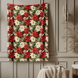 Elegant Christmas Red and White Poinsettia Fleecedecke