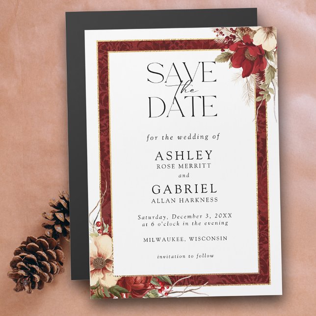 Elegant Christmas Red Damask Floral Save the Date Magneteinladung (Von Creator hochgeladen)