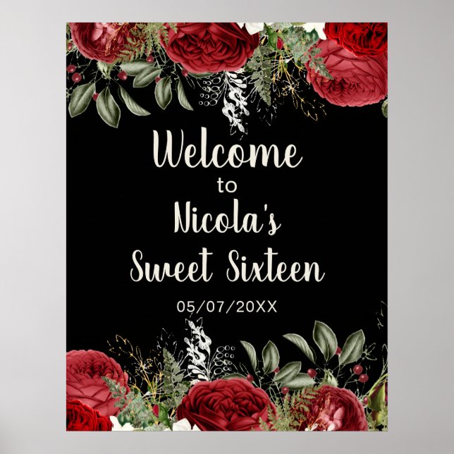 Elegant Christmas Red Flowers Sweet Sixteen Poster (Vorne)