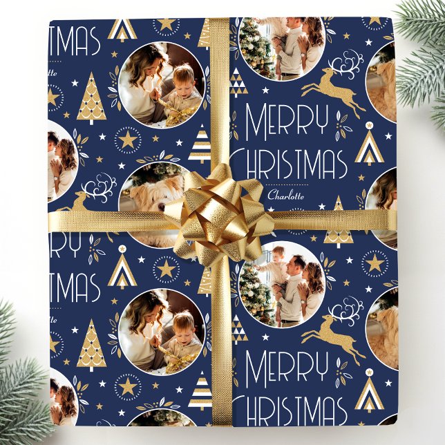 Elegant Christmas Reindeer Photo Midnight Blue Geschenkpapier (Von Creator hochgeladen)