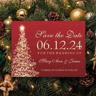 Elegant Christmas Save the Date Red Gold Ankündigungspostkarte