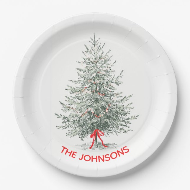 Elegant Christmas Tree & Custom Name Paper Plates Pappteller (Vorderseite)