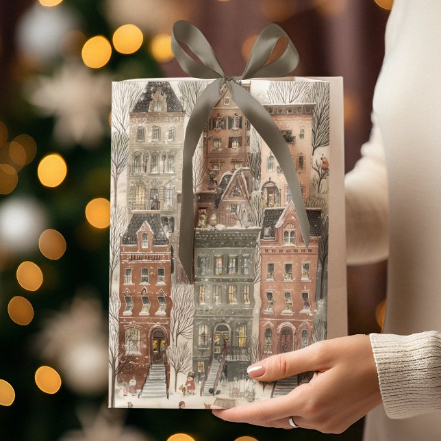 Elegant Christmas Watercolor Houses | Gift Bag Mittlere Geschenktüte (Von Creator hochgeladen)