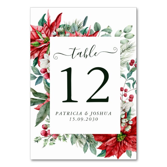 Elegant Christmas Wedding Table Number Card Tischnummer (Vorderseite)