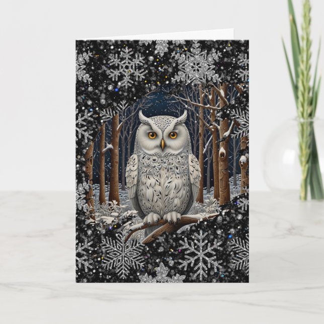 Elegant Christmas white owl woodland winter forest Karte (Vorderseite)