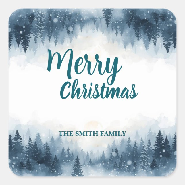 Elegant Christmas Xmas winter pine tree forest Hol Quadratischer Aufkleber (Vorderseite)